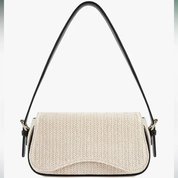 *New* Shoulder Bag Purse/Trendy Underarm Crescent - Black and Raffia Woven - Picture 2 of 16